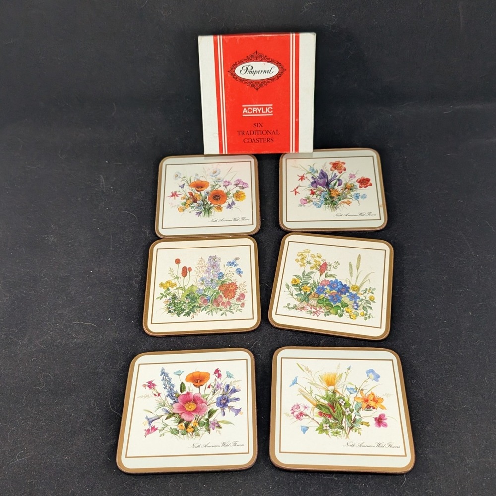 Pimpernel North American Wild Flowers Acrylic Coasters 6 Cork Back England